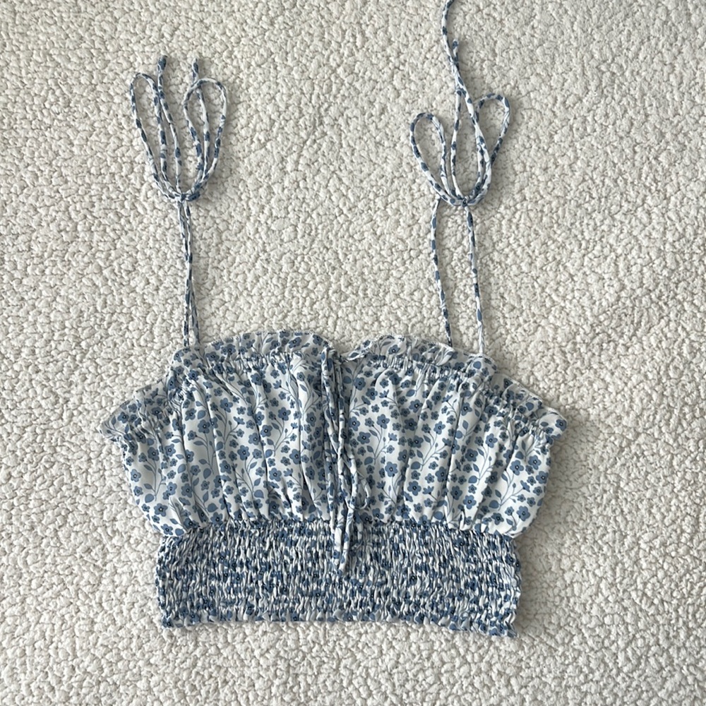 floral crop top with tied shoulder straps